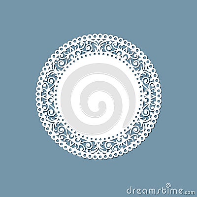 Lasercut lace doily design Round pattern ornament Template mockup of a round white lace doily napkin lasercut frame Design element Vector Illustration