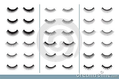 Lashes collection. Different Shapes of False Eyelashes. Closed Eyes. Eyelash Extension guide. Vector Illustration Vector Illustration