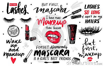 Lashes, mascara, makeup-set with eyes, red lips, lipstick, eyeshadow and quotes or phrases. Vector Illustration