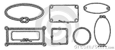 Lasso frame. Rope circle border. Round nautical design element in retro style. Silhouette knot shape. Intertwined cables Vector Illustration