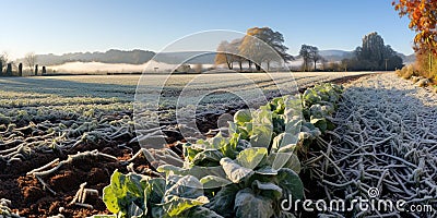 Last of the autumn crops, with a light dusting of early snow on the ground , concept of Seasonal transition Stock Photo
