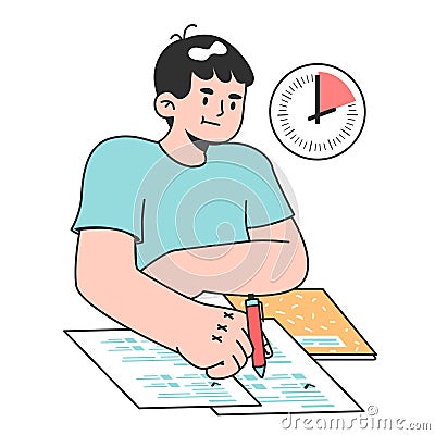 Last day of school concept. Child writing tests in a classroom, looking Vector Illustration