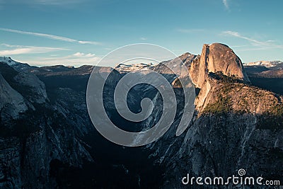 Last light of the day in the Yosemite Valley. Beautiful sunset over the Half Dome in one of the most gorgeous national Stock Photo