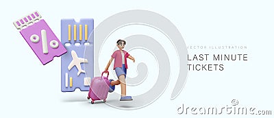 Last minute tickets. Discount travel concept. Low cost tours. Male character running with suitcase Vector Illustration