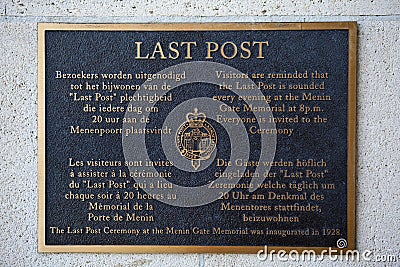 The Last Post Plaque at the Menin Gate Editorial Stock Photo