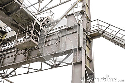 Last row steel column and crane beam with deadlock stop. Brake disconnecting rail on the overhead crane. Stock Photo