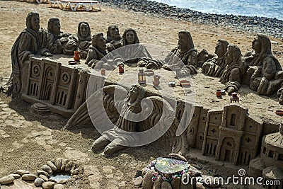 Last supper of Jesus Christ on the beach. Editorial Stock Photo