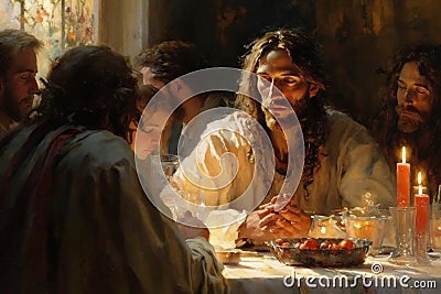 The Last Supper. The religious concept of the assembly of Jesus Christ with the 12 apostles. Bible. Faith. Drawing with Stock Photo