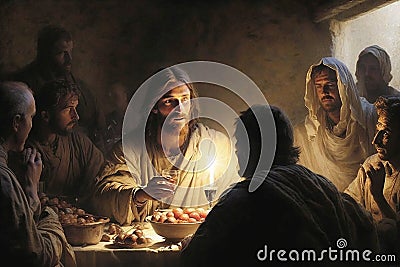 The Last Supper. The religious concept of the assembly of Jesus Christ with the 12 apostles. Bible. Faith. Drawing with Stock Photo