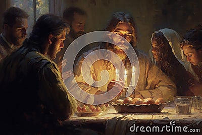 The Last Supper. The religious concept of the assembly of Jesus Christ with the 12 apostles. Bible. Faith. Drawing with Stock Photo