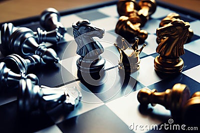 Last two knights stand against each other, fighting for the crown. Business competitive concept. Copy space Stock Photo