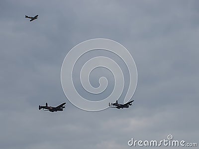 The last two remaining airworthy Avro Lancasters heavy bombers performing a duet in the skies Editorial Stock Photo