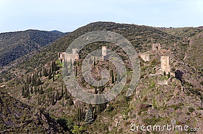 Lastours castles in cathar mountain Stock Photo