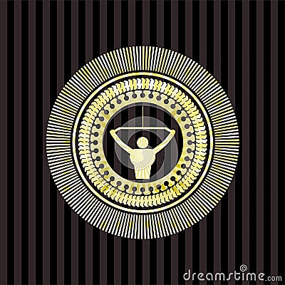 Lat pull down, exercise icon inside gold emblem or badge. EPS10 Vector Illustration