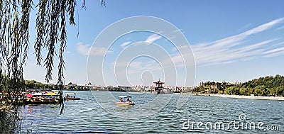 Tianjin city scenery,some citizens are rowing in the lake Stock Photo