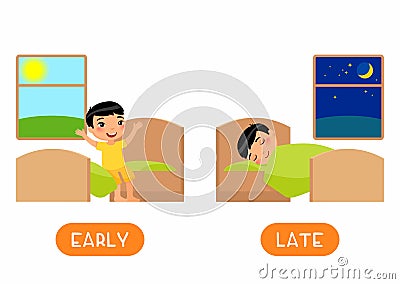 LATE and EARLY antonyms flashcard flat vector template. Opposites concept. Word card for english language learning Vector Illustration