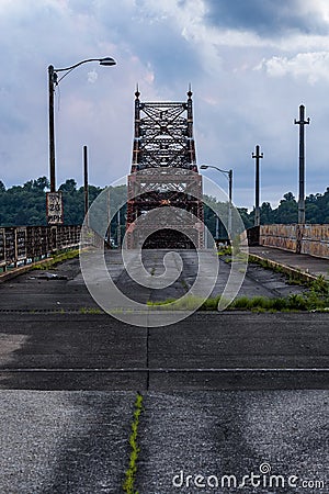 Evening / Night View of Rusty Truss Bridge Over Ohio River - Abandoned Bellaire Interstate Toll Bridge Stock Photo