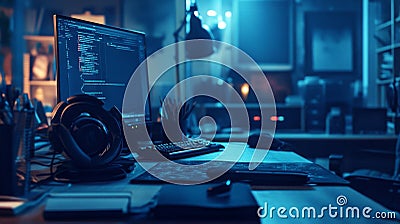 Late Night Coder Working On Project At Desk Stock Photo