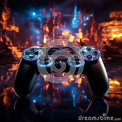 Late night gaming blue themed video game, close up of joystick, entering virtual realm Stock Photo