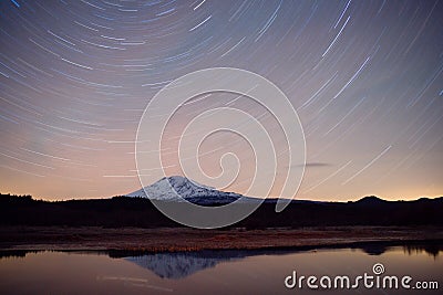 Late Night Long Exposure Stars Sky Mountain Lake Scene Stock Photo