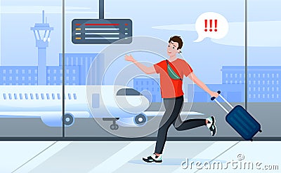 Late for plane, cartoon busy man tourist character with travel suitcase running through airport Vector Illustration