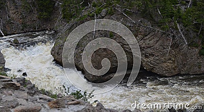 Late Spring in Yellowstone National Park: Overlooking Firehole Falls on Firehole River in Firehole Canyon Near Madison Junction Stock Photo