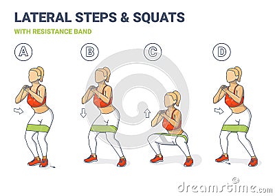 Lateral Walk and Squats with Resistance Band Girl Silhouettes. Side Steps and Squating Home Workout Illustration Vector Illustration