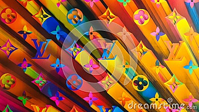 2019 fun and bold window display rainbow monogram wallpaper background at the Louis Vuitton Flagship Store Editorial Stock Photo