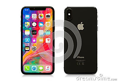 Riga, Latvia - March 25, 2018: Latest generation iPhone X on white background, front and back sides. Editorial Stock Photo