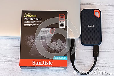 Latest SanDisk Extreme 500gb Portable SSD High Speed Storage for Images and Videos Shock and Vibration Resistant Editorial Stock Photo