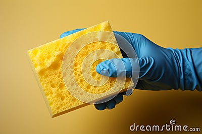 Latex gloved hand, isolated, grips a dishwashing sponge for sparkling, sanitized dishes Stock Photo