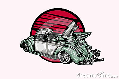 Take me on a road trip vector . Vintage hand drawn surfing car sketch. Beach car illustration for company, store label, t-shirt pr Vector Illustration