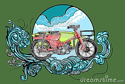 Motorcycle with the surf board, super cup Vector Illustration