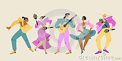 Latin American dancers and musicians with guitar and maracas Vector Illustration