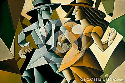 Latin American Hispanic male and female couple dancing the ballroom Tango dance shown in an abstract cubist style painting Cartoon Illustration