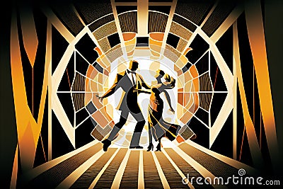 Latin American Hispanic male and female couple dancing the ballroom Tango dance shown in an abstract cubist style painting Cartoon Illustration