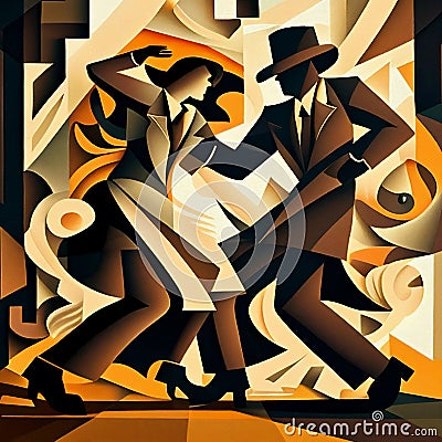 Latin American Hispanic male and female couple dancing the ballroom Tango dance shown in an abstract cubist style painting Cartoon Illustration