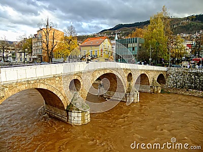 Latin Bridge on Miljacko river, Sarajevo Stock Photo