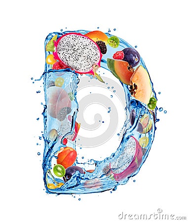 Latin letter D made of water splashes with different fruits and berries Stock Photo