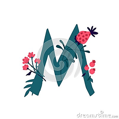 Latin letter M in flowers and plants. Vector. Letter in decorative elements for inscriptions. Vector Illustration