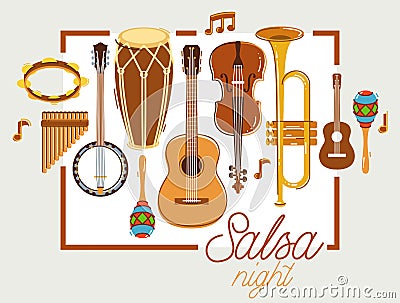 Latin music band salsa vector flat poster isolated over white background, live sound festival concert or night dancing party, Vector Illustration