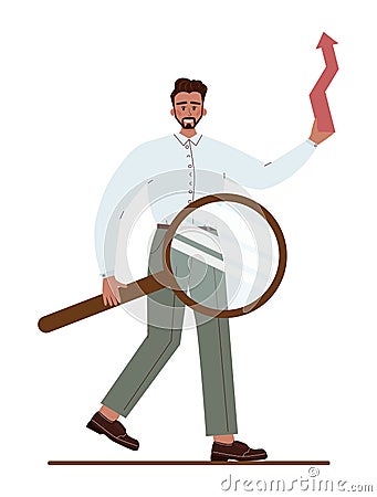 Latino-american businessman holding a magnifying glass. Character wearing Vector Illustration