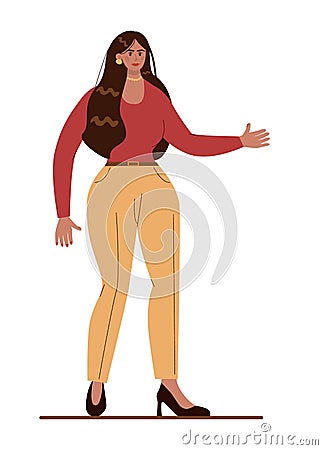 Latino-american businesswoman with his hand up. Character wearing business Cartoon Illustration