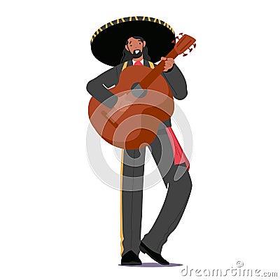 Latino Mariachi Mexican Musician Playing Guitar, Isolated Man in National Costume Black Jacket, Trousers and Sombrero Vector Illustration