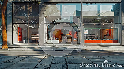 a Latinoamerica facade adorned with three stores, each featuring large glass display cases showcasing their merchandise. Stock Photo