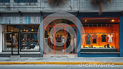 a Latinoamerica facade adorned with three stores, each featuring large glass display cases showcasing their merchandise. Stock Photo