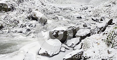 Latourell Falls Creek in Winter Ice and Snow Stock Photo