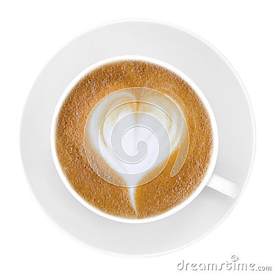 Latte art top view of a cup of coffee on white background that showed heart on cup. Stock Photo