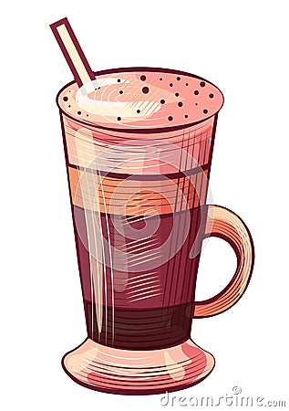 Drawing Coffee in Glass with Tube, Latte Vector Vector Illustration