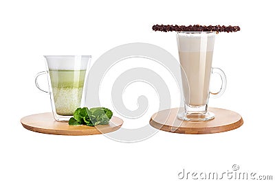 Latte and frappuccino in glass mugs on a white background Stock Photo